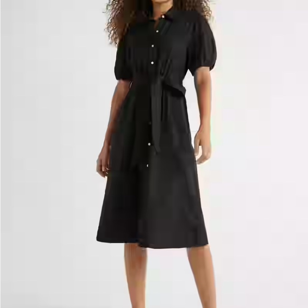 Black Midi Dress with Puff Sleeves and Peter Pan Collar